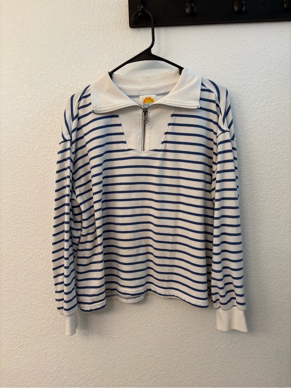C.C Men's Zip-Front Striped Pullover - White & Navy